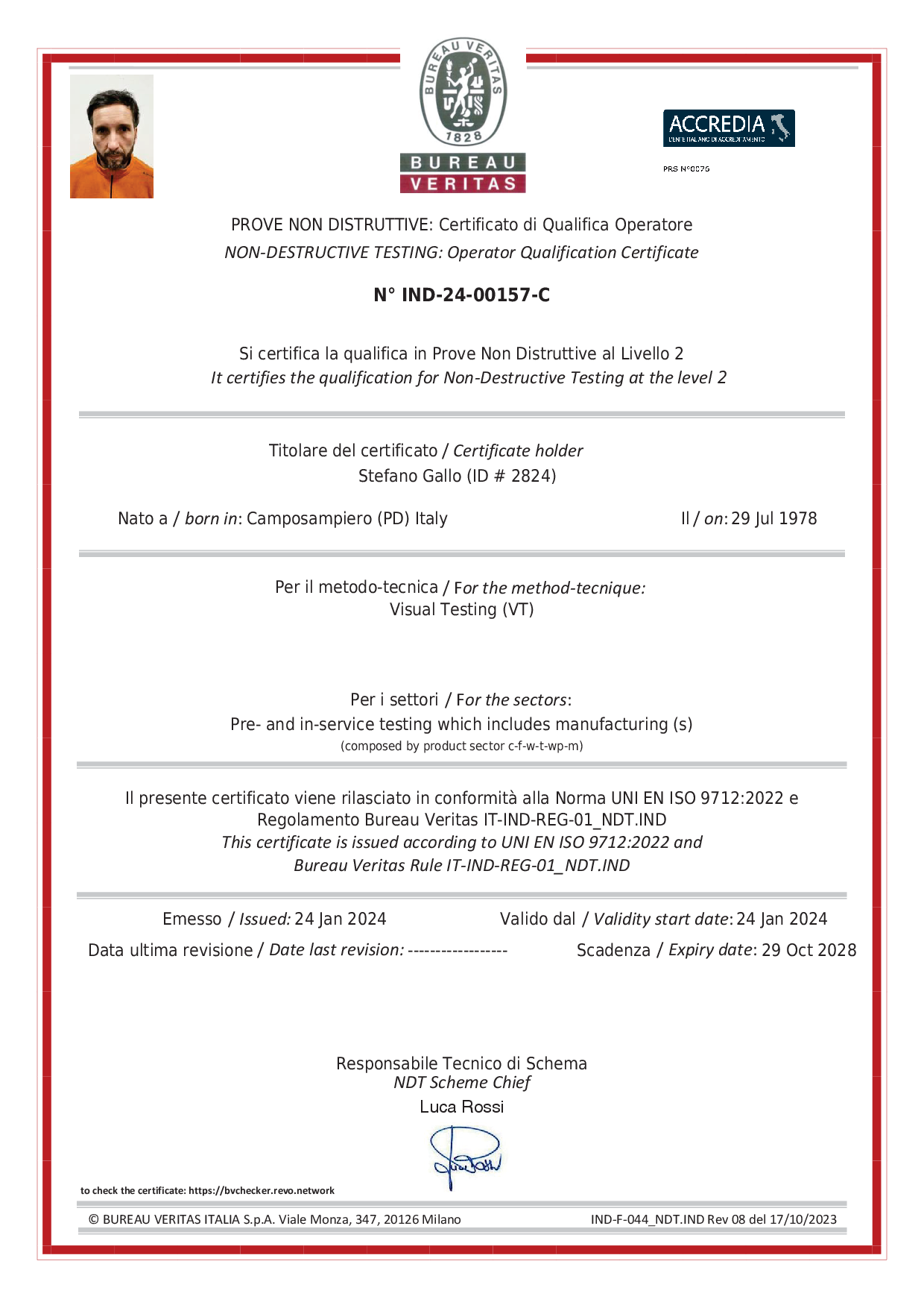 Carpenteria Gallo - RINNOVO CERTIFICAZIONE CONTROLLO SALDATIRE METODO VT
